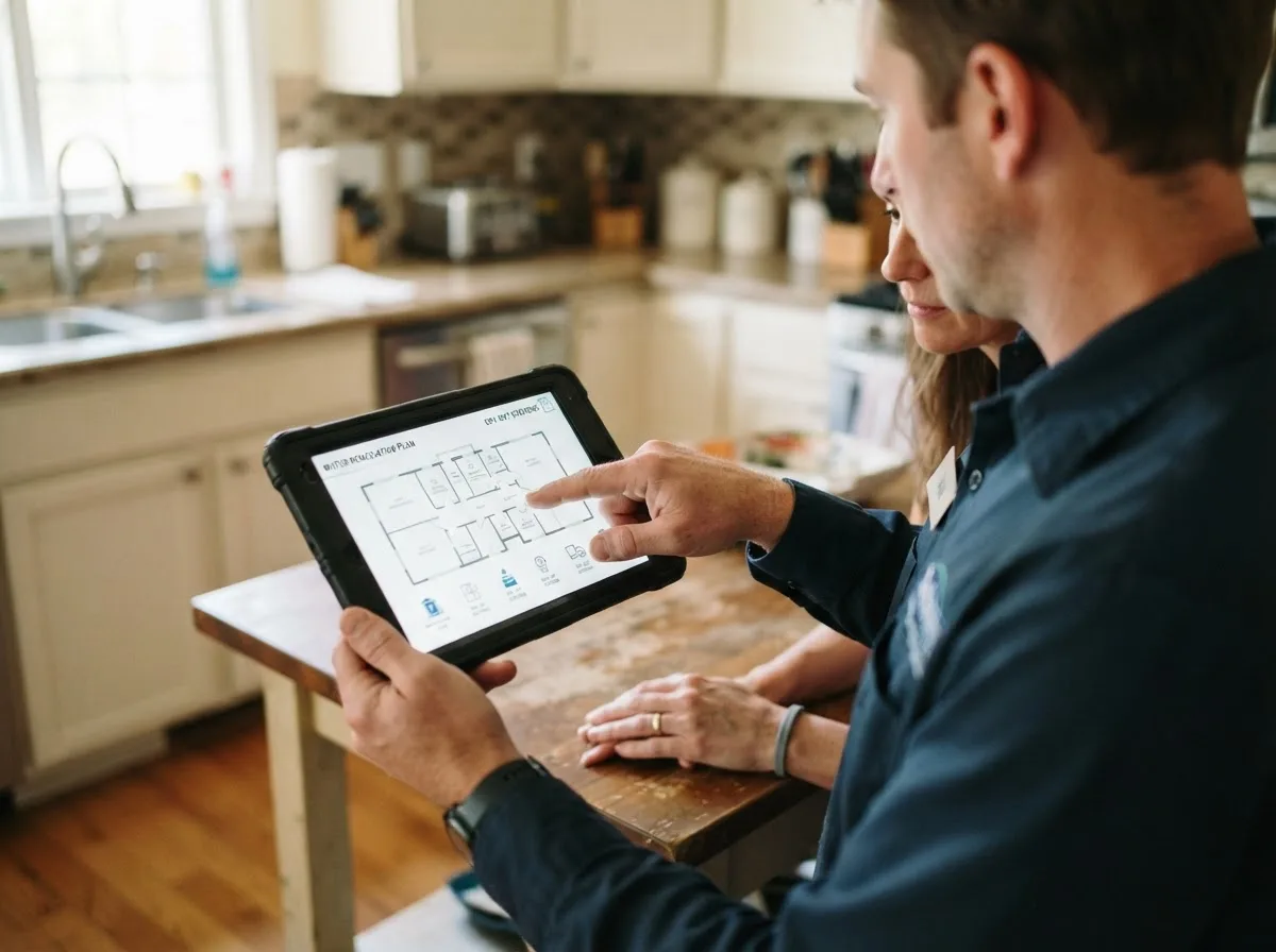 Water damage restoration technician inspecting a home in Reeds Spring, MO